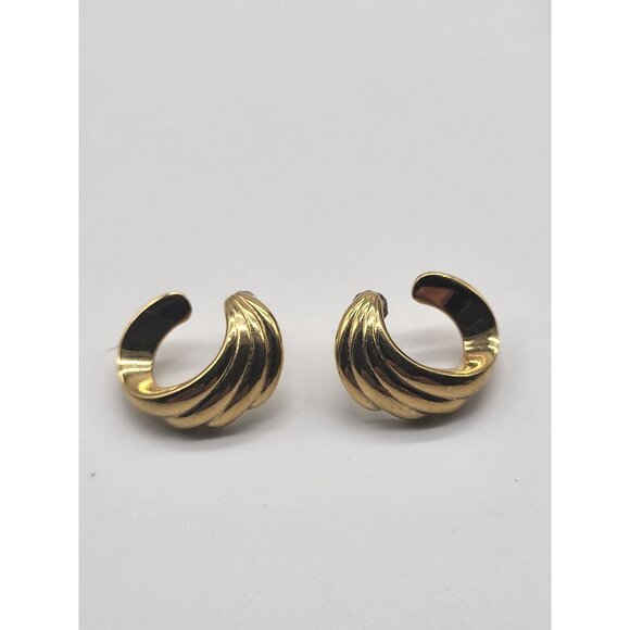 Vintage Gold Tone Monet Pierced Earrings Swirl C Half Hoop Classic - Picture 2 of 7